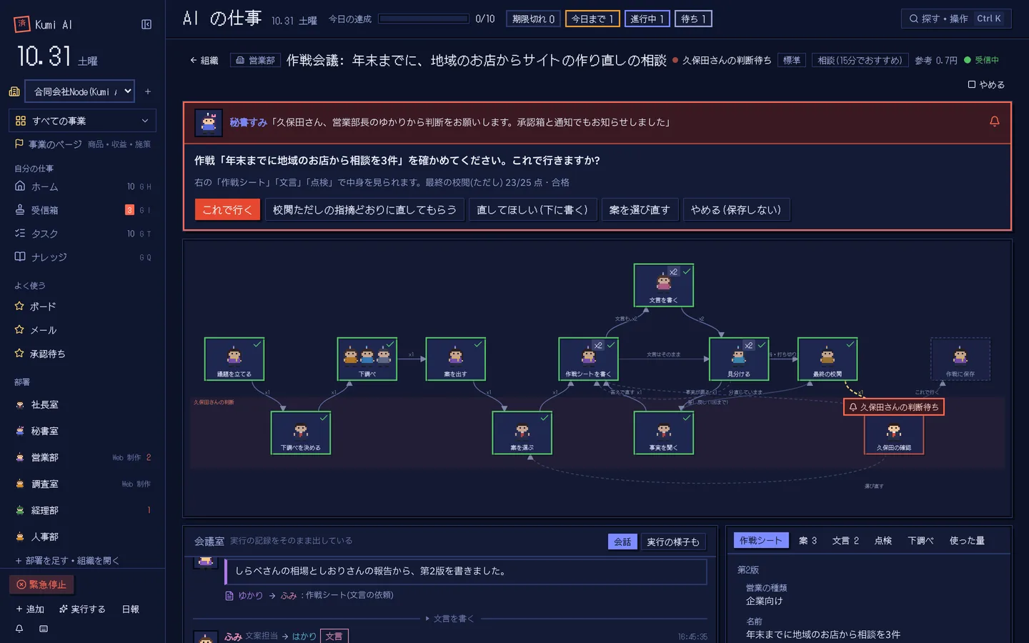 Kumi AI の作戦会議の画面(デモのデータ)